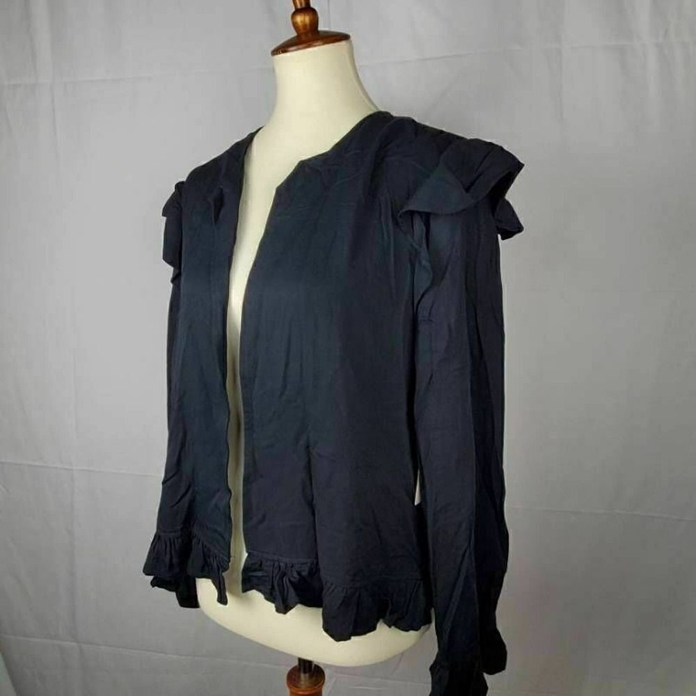 14th & Union Womens Blazer Black Waist Length Open Front Ruffles Petites L New